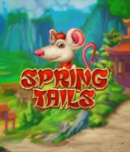 A charming illustration of a mouse dressed in traditional Chinese attire positioned in front of a picturesque mountain backdrop. The image is for the Spring Tails game by Betsoft, highlighted with striking red and gold logo text.