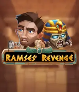 Uncover the mysterious world of the Ramses' Revenge game by Relax Gaming, featuring a frightened explorer and a menacing mummy against an Egyptian tomb backdrop. This image depicts the adventure of tomb exploration, perfect for adventure seekers, delivering a gripping escape. 